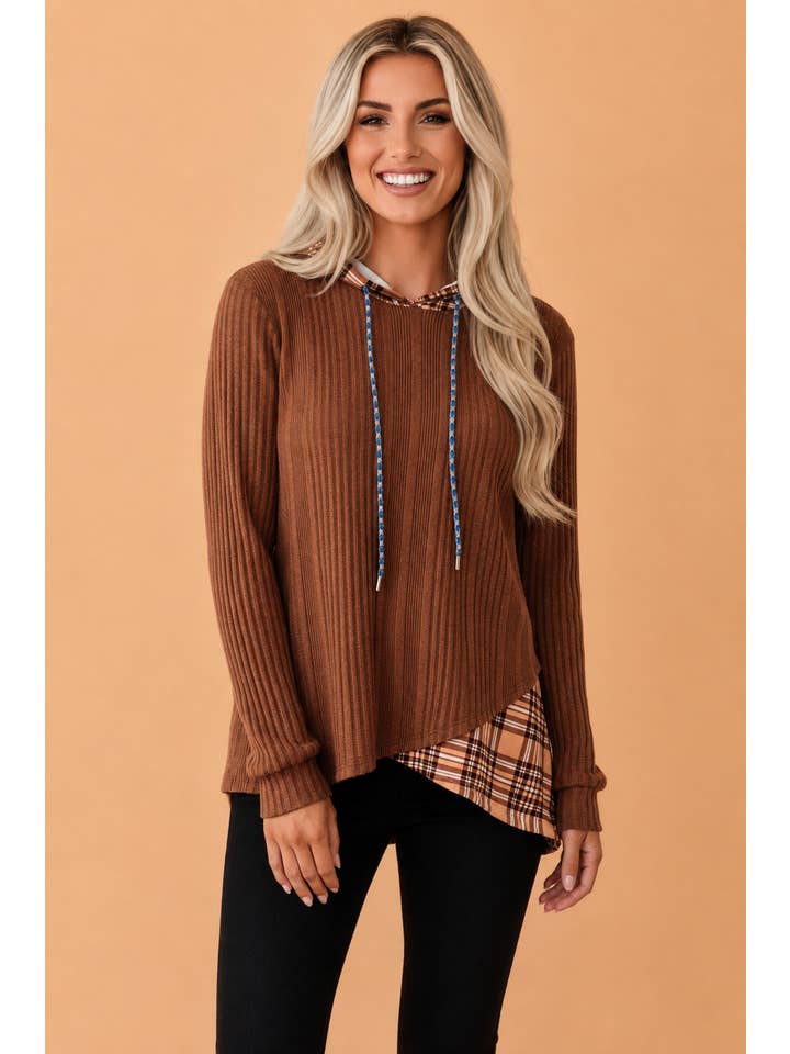 The Grand Hideaway | Plaid Patchwork Ribbed Knit Drawstring Hooded Top — view 1 of 4