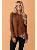 The Grand Hideaway | Plaid Patchwork Ribbed Knit Drawstring Hooded Top — view 1 of 4