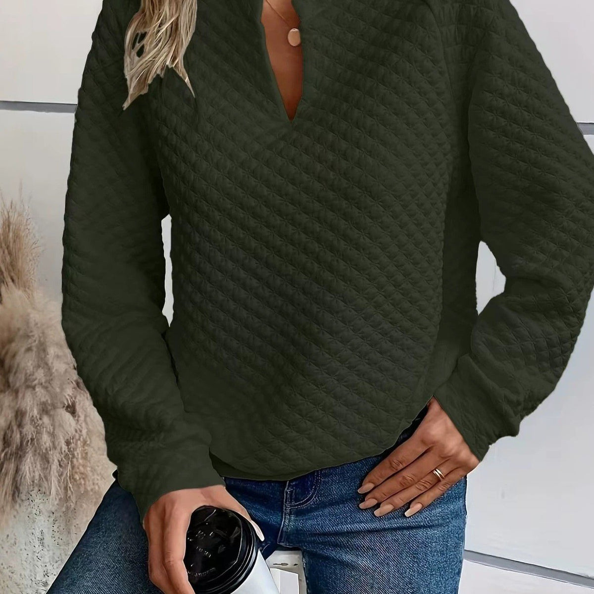 2026 Fall Women Textured Knit Top Long Sleeve Notch Neck
