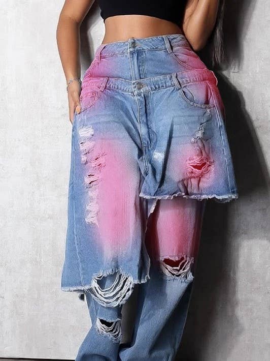 Ripped and Painted Detail Double Layer Denim Baggy Pants