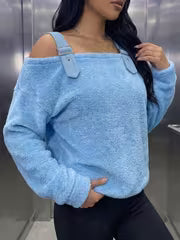 [Printed Pants - Not Faux Denim Fabric]Autumn Winter Casual Faux Denim Patchwork Plush Off-Shoulder Pullover — view 3