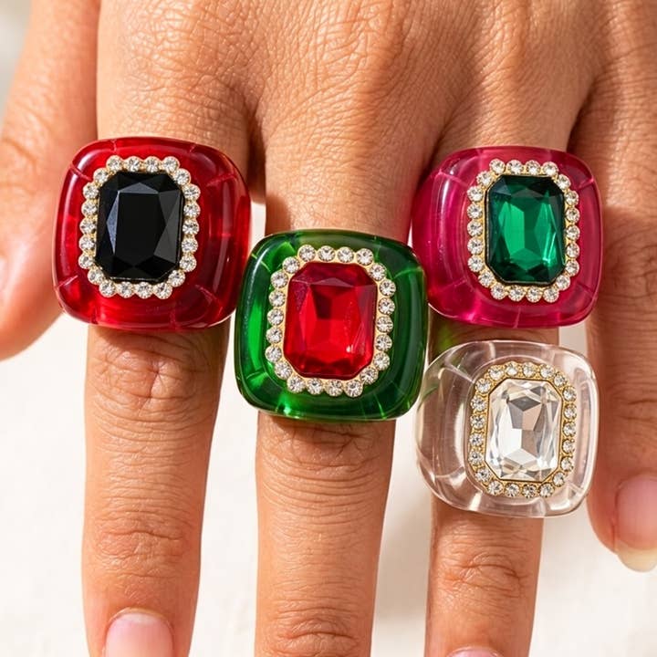 Chunky Square Rhinestone Rings-W — view 1