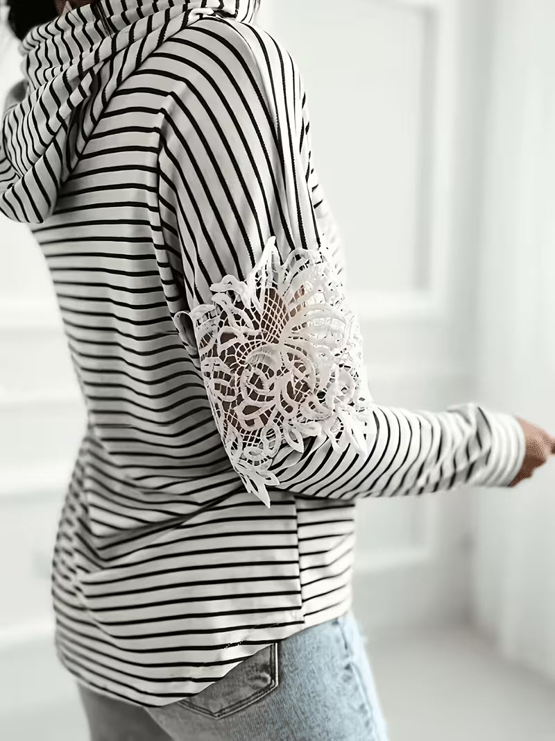 No import chargesStriped Color-Block Floral Lace Patchwork Long-Sleeve Hooded Sweatshirt, Casual Drawstring Lace — view 7
