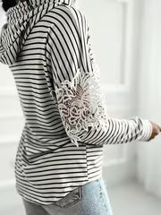 No import chargesStriped Color-Block Floral Lace Patchwork Long-Sleeve Hooded Sweatshirt, Casual Drawstring Lace — view 2
