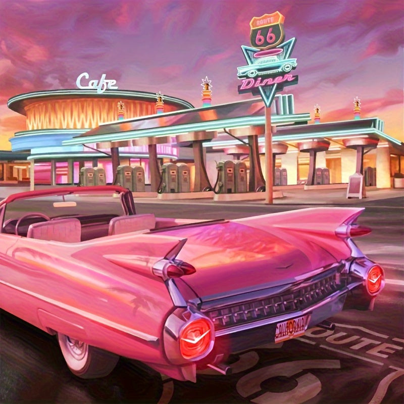 5D DIY Diamond Painting Kit - Retro Sunset Scene with Pink Sports Car, Round Diamonds, Size 11.81*11.81inch, Perfect for Home Decor or Gifts, Car Decoration, Best Choice for Christmas