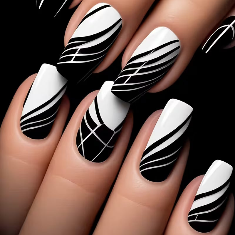 24pcs Black And White Geometric Stripe Square Press-On Nails, Minimalist Checkered Diagonal Lines Premium Glossy — view 6