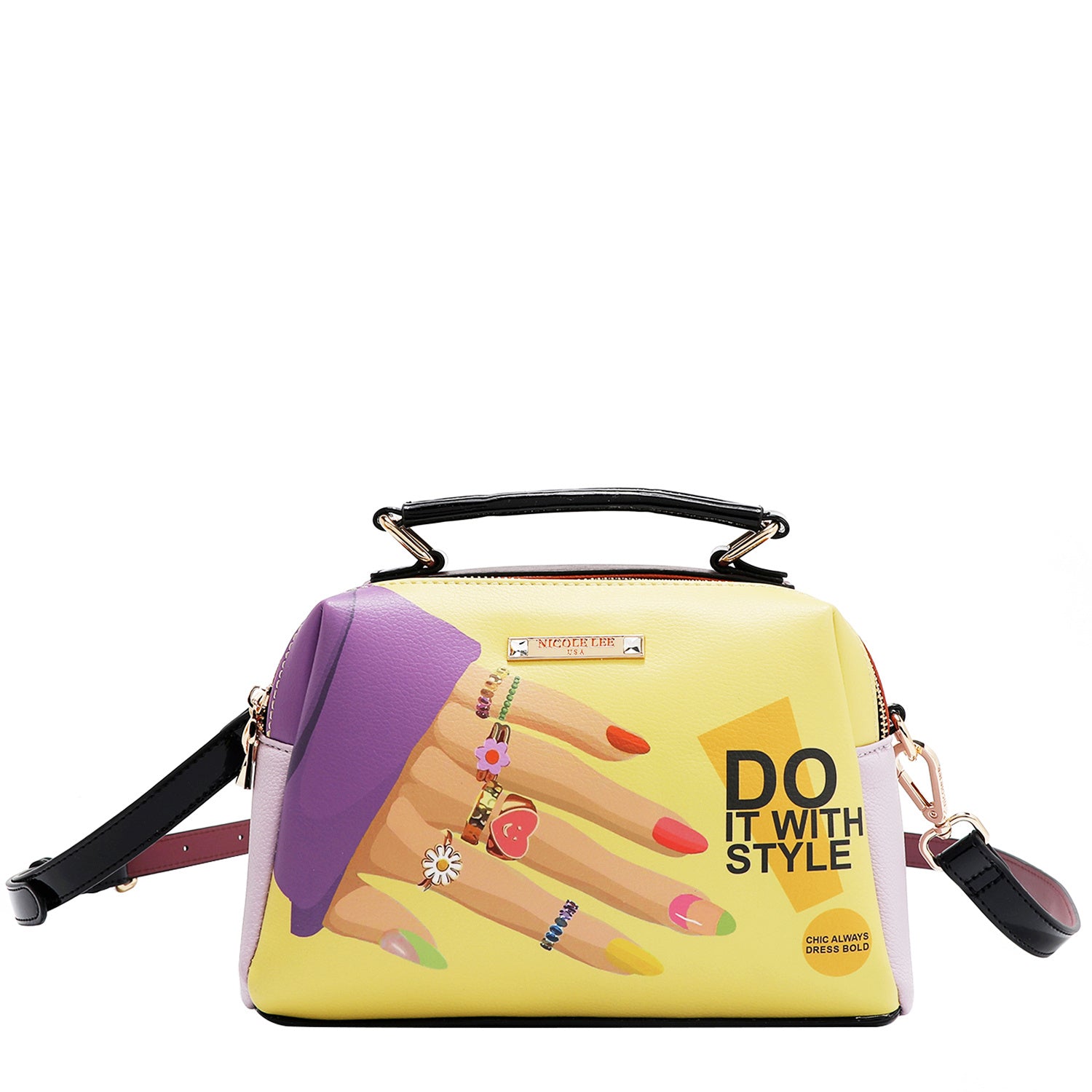 Nicole Nail Polish 3 Piece Set (Large Handbag, Small Crossbody, Small Wallet) 3-In-1 Versatile Travel Set, Yellow/Multicolor, Fashionable Chic Print