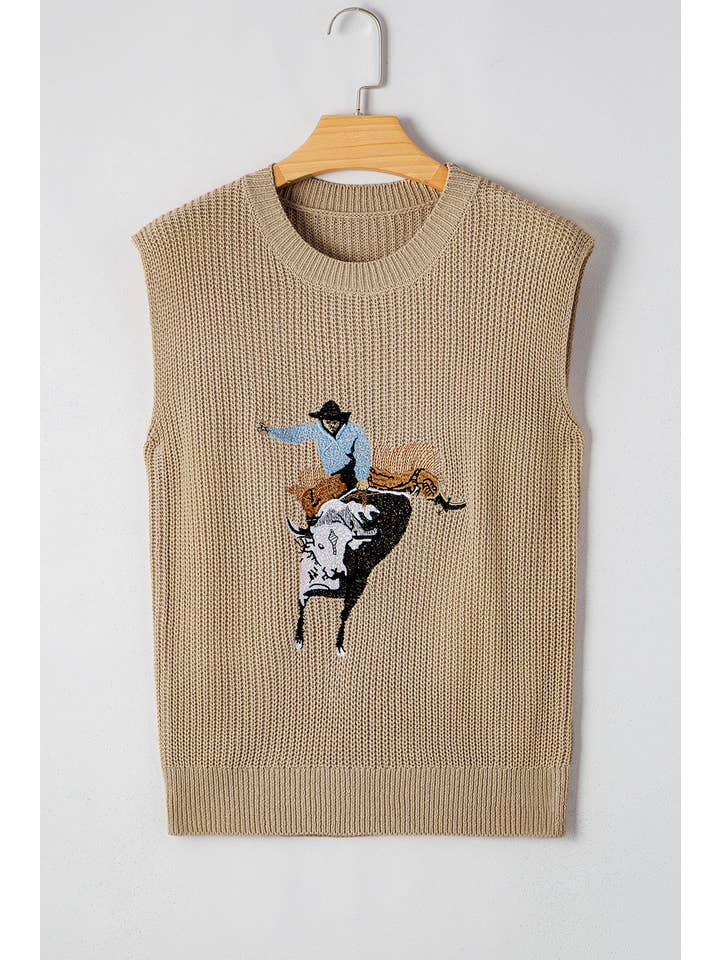 PRETTY BASH Western Cowboy Embroidered Round Neck Sleeveless