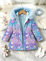 Autumn Winter New Girls' Fleece Hooded Jacket, Floral Print Gradient Blue Purple Windproof Warm Lined Outdoor — view 1