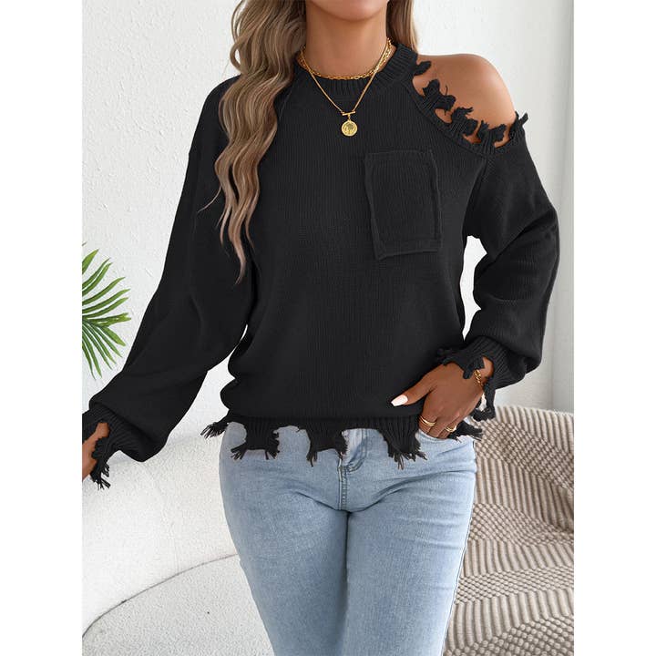 Casual Off-Shoulder Distressed Hem Pullover Sweater BJS337