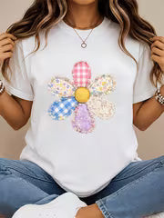 Faux Patchwork Flower Shirt Floral Faux Quilted Graphic Print Only Not a Patch Vintage Daisy Woman T Shirt — view 9