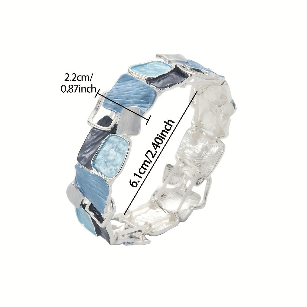 1pc Stretch Bracelet Blue Geometric Square Zinc Alloy Enamel Drip Oil Adjustable Elegant Bohemian Ocean Style Simple Elegant Design Fashionable High-End Feeling Suitable for Daily Beach Vacation And Daily Wear Accessories