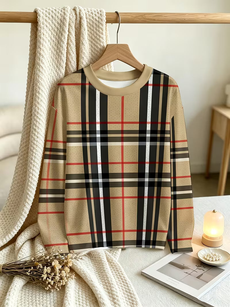 Women's Long Sleeve Drop Shoulder T-Shirt, Classic Plaid Pattern, Timeless Aesthetic Style, Suitable for Daily — view 6