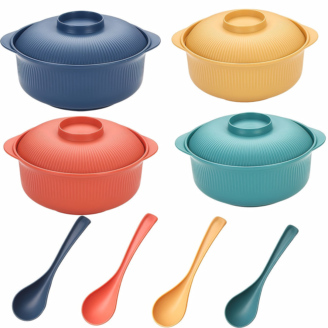 8/16/32pcs Wheat Straw & Plastic Large Capacity Bowls Set | 40oz/1100ml with Lids, Handles & Long Spoons, Microwave/Dishwasher Safe, Non-Slip, Ideal for Soup, Ramen, Spaghetti, Family, Camping, Picnics, Couples & Restaurants
