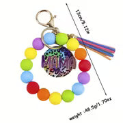 A Rainbow Leopard Print 'MAMA' Beaded Keychain, a Key Ring with Colorful Fringed Pendants, a Fashionable — view 4