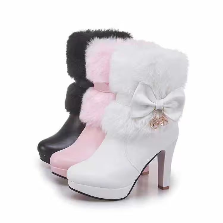 Ladies' Footwear, Cozy, Elevated Heels, Short Boots, Plush, Ribbon Detail, Adornment, Weather-Resistant, Trendy — view 17