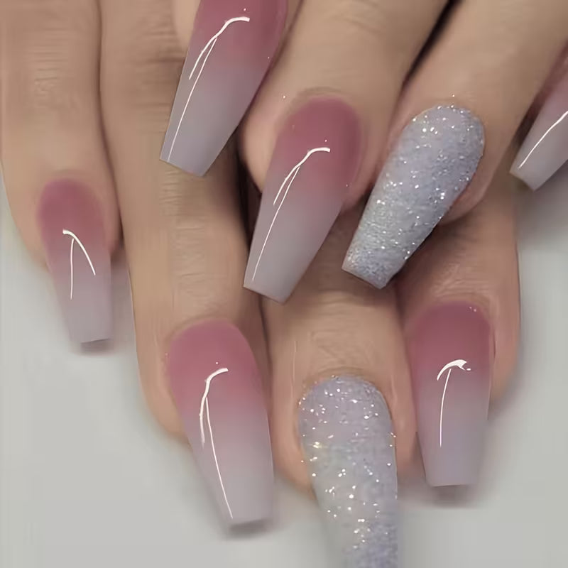 24pcs Glossy Long Coffin Press On Nails Gradient Pink And White French Style False Nails Glitter Reusable Fake — view 11