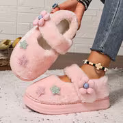 [Indoor/Outdoor Home Shoes] Pink Sweet Autumn/Winter New Style Women's Fashion Star Bow Plush Single Strap Shoes — view 1