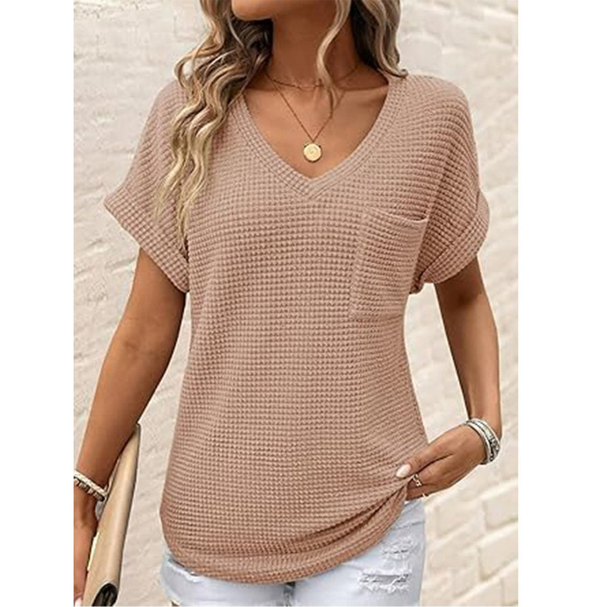 V-Neck Summer Short Sleeve Waffle Pocket Shirt