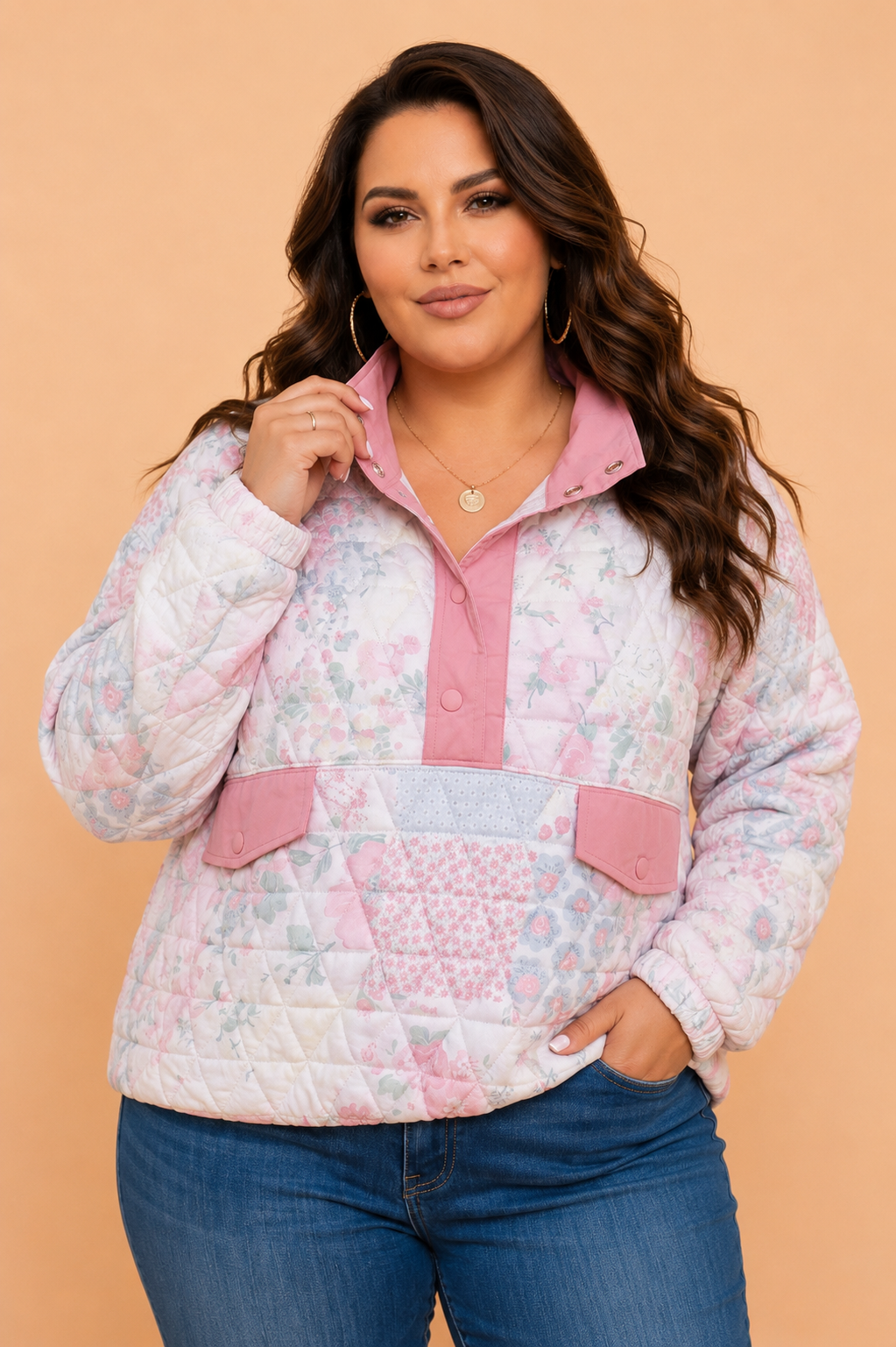 The Conservatory | Floral Quilted Collared Sweatshirt, Plus Size — view 1 of 3