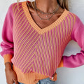 Color-Block Sweater Women'S Fall Winter Deep V-Neck