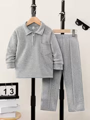 2pcs Boys' Half-zip Lapel Polo Sweatshirt and Long Pants Set, Made of Lightweight, Comfortable, and -friendly — view 1