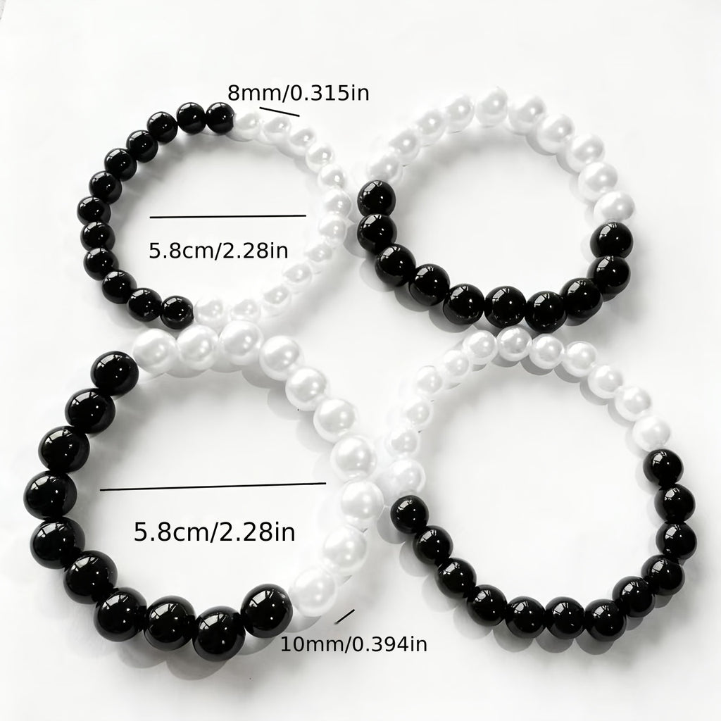 4pcs Fashion Simple Black and White Beaded Elastic Bracelets for Women's Daily Wear