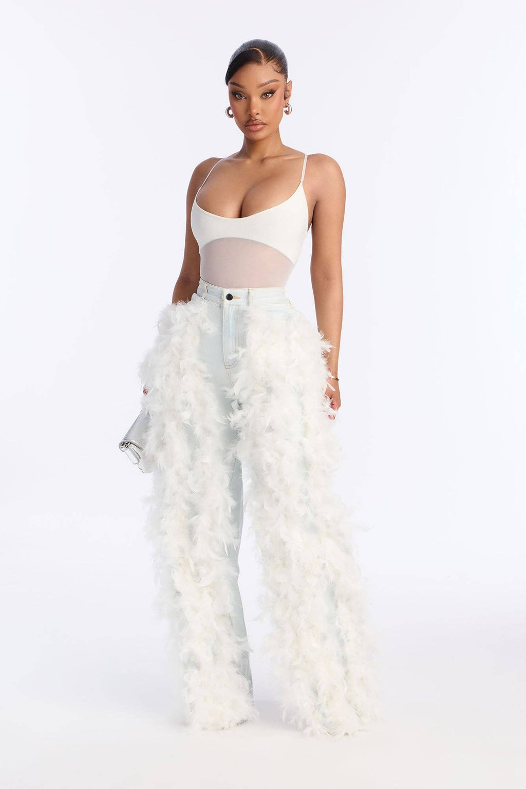 Women's Faux Feather Trim Wide Leg Jeans