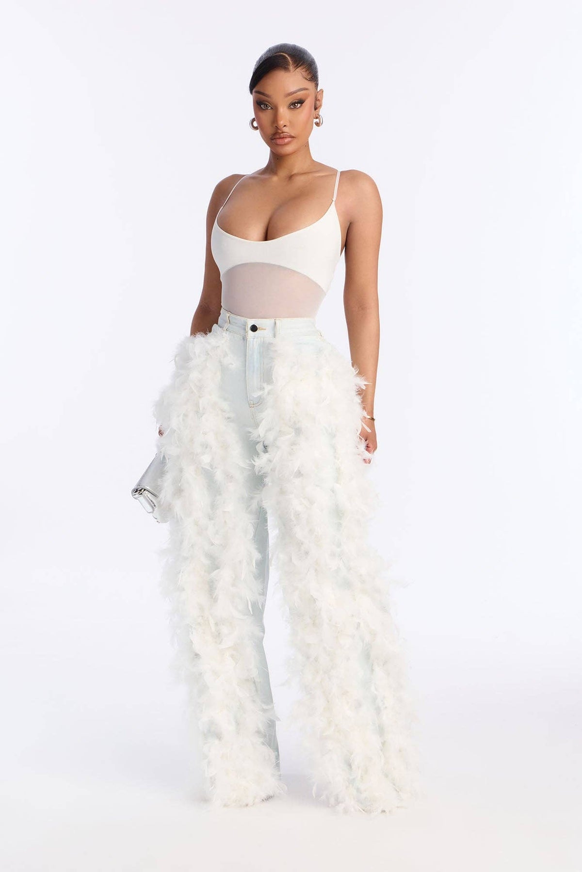 Women's Faux Feather Trim Wide Leg Jeans