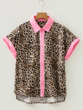 Leopard Print Contrasted Trim Animal Short Sleeve Shirt