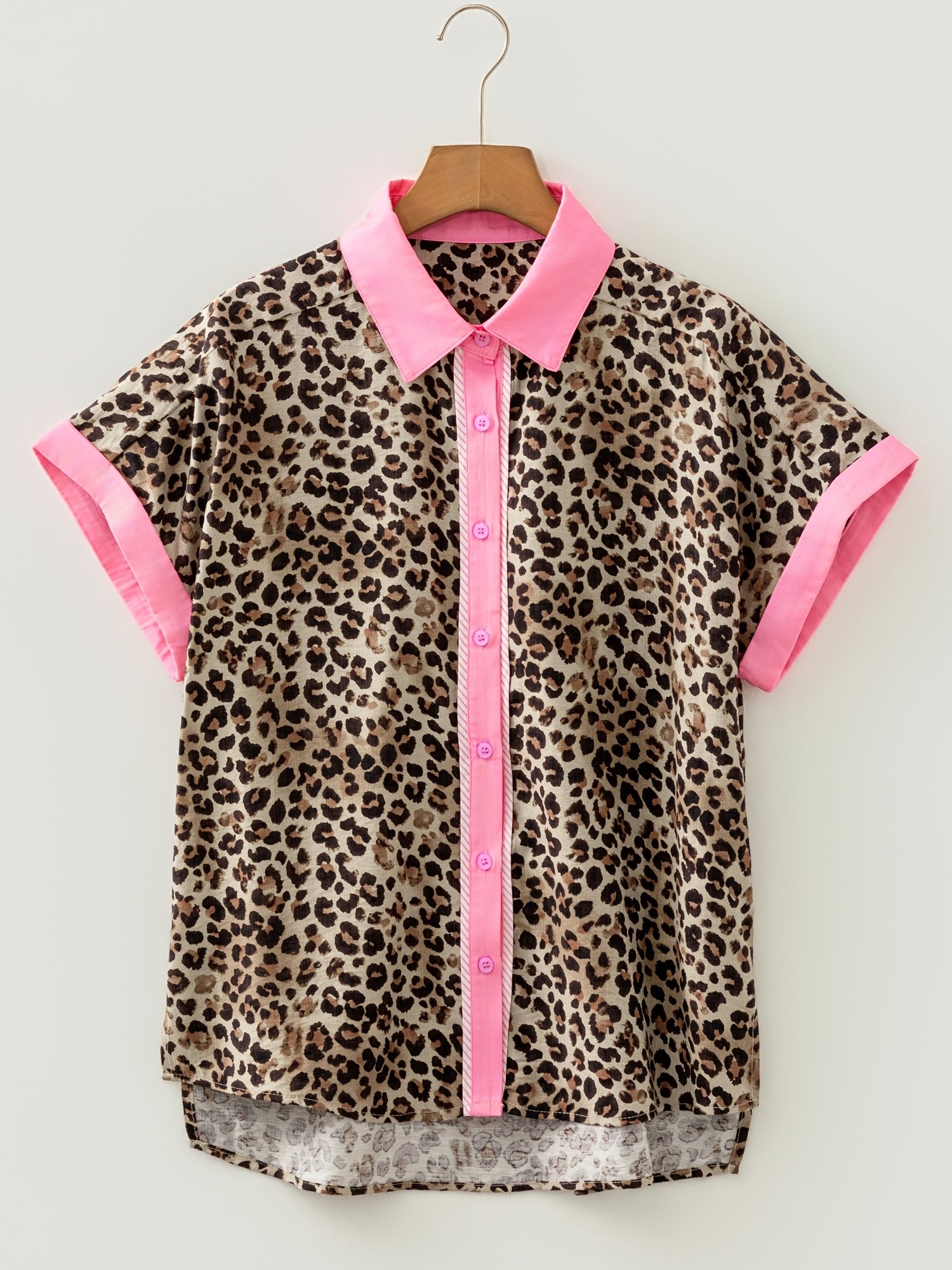 Leopard Print Contrasted Trim Animal Short Sleeve Shirt