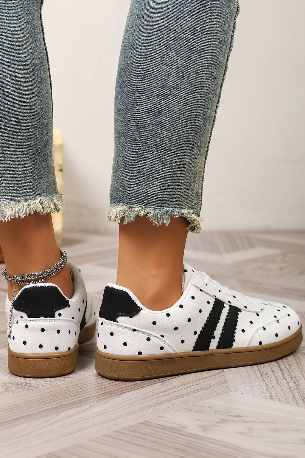 Polka Dot Print Pu Leather Color Block Casual Sneakers
