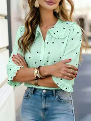 Women'S Heart Print Short Sleeve Blouse with Peter Pan Collar And Ruffled Cuffs — view 2