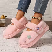 [Indoor/Outdoor Home Shoes] Pink Sweet Autumn/Winter New Style Women's Fashion Star Bow Plush Single Strap Shoes — view 3