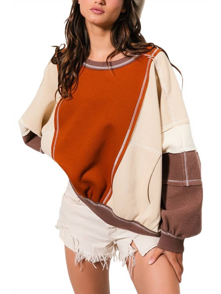 Overlock Stitch Detail Color Block Cozy Pullover — view 2