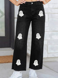 Black Sequin Ghost Graphic Raw Hem Casual Jeans — view 1