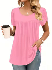 Women's Fashion Pleated Front Round Neck Petal Sleeve Casual Top, Elegant Short-Sleeved T-Shirt for Layering or — view 1