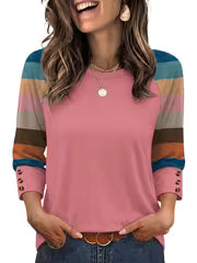 Women's 3/4 Sleeve Long Top, Fashionable Loose Fit Casual Color Block Basic Shirt, Elegant and Comfortable Round — view 1