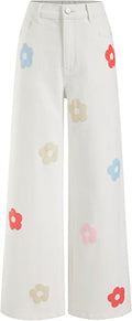 CIDER Floral Print Straight Wide Leg Jean Stretch Denim Pants for Women | Cute,Flowers,Mid Waisted,Y2K,Streetwear Style