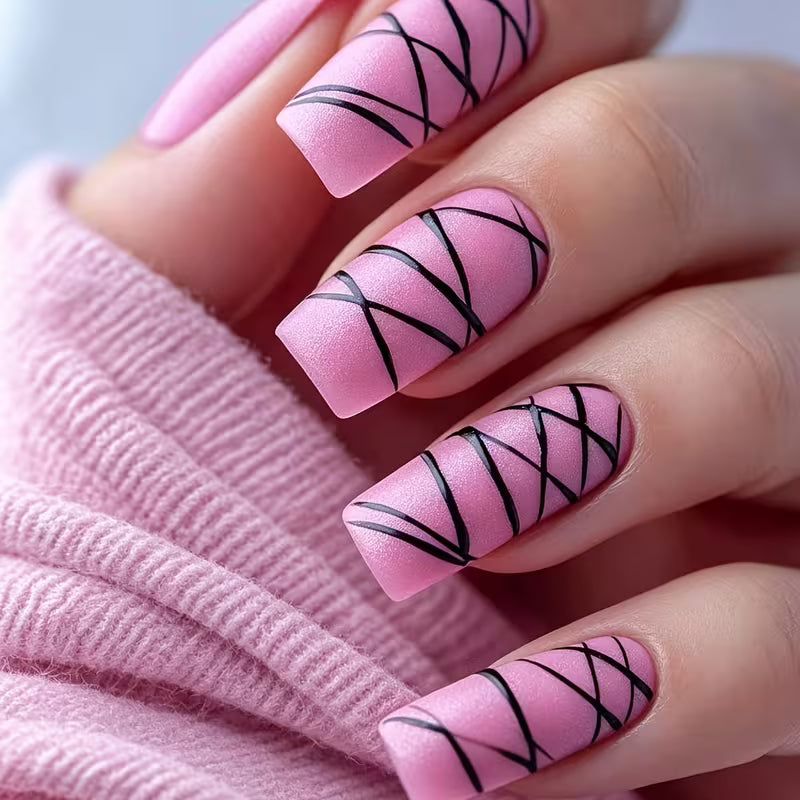 24pcs Press-On Nails Suitable for Daily Wear & Special Occasions - Pink Matte Base with Black Diagonal Stripe — view 6