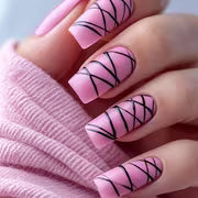 24pcs Press-On Nails Suitable for Daily Wear & Special Occasions - Pink Matte Base with Black Diagonal Stripe — view 1