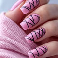 24pcs Press-On Nails Suitable for Daily Wear & Special Occasions - Pink Matte Base with Black Diagonal Stripe — view 1