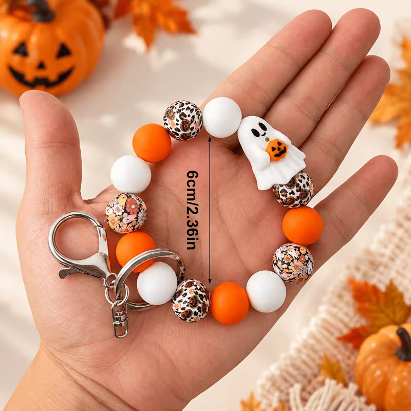 Halloween Beaded Wristlet Keychain, Cute Pumpkin Charm, Orange White Beaded Key Ring, Wristlet Bag Charm for — view 7