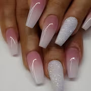 24 Pcs Glossy Long Coffin Press On Nails Gradient Pinkish And White French Style False Nails Glitter Reusable — view 1