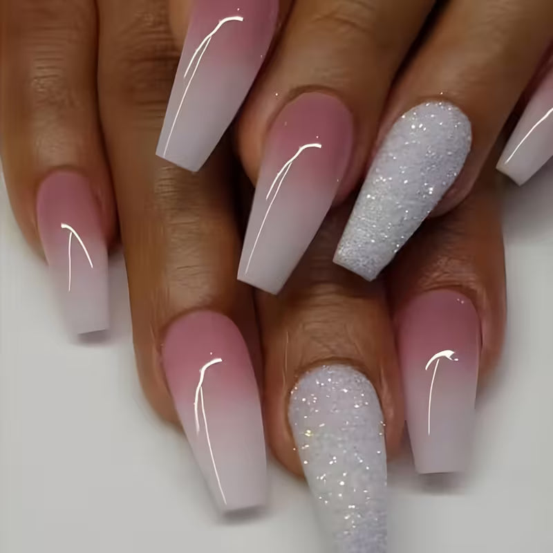 24 Pcs Glossy Long Coffin Press On Nails Gradient Pinkish And White French Style False Nails Glitter Reusable — view 10