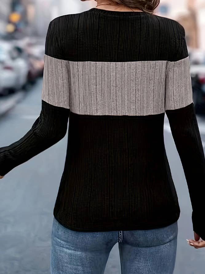 Trendy V-Neck Colorblock Long Sleeve Blouse Shirt ZK1995