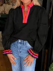 Women's Red And Rose Red Color-Blocked Ruffled Neckline Blouse, Ribbon Cuffs, Ruffled Cuffs, V-Neck Pullover — view 1
