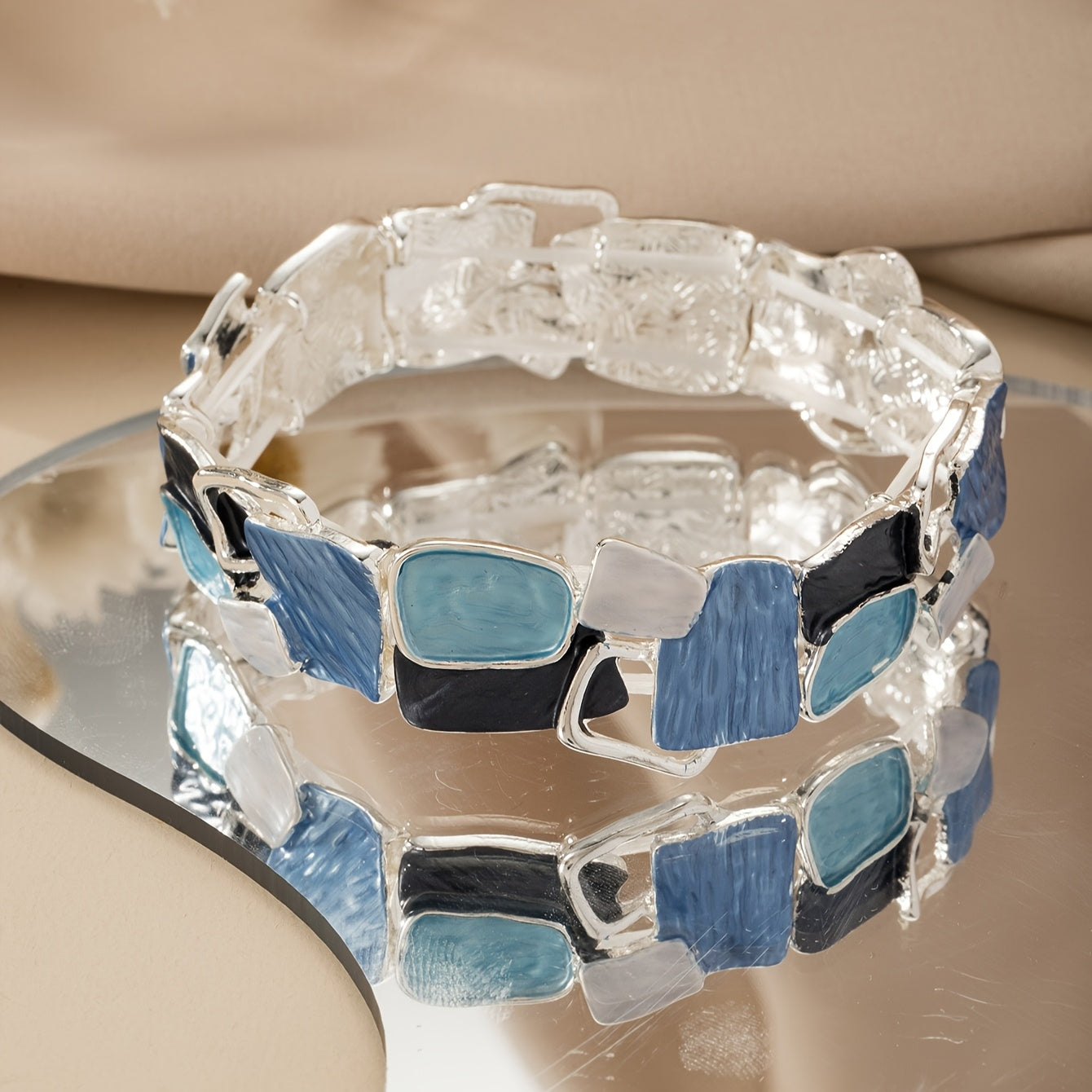1pc Stretch Bracelet Blue Geometric Square Zinc Alloy Enamel Drip Oil Adjustable Elegant Bohemian Ocean Style Simple Elegant Design Fashionable High-End Feeling Suitable for Daily Beach Vacation And Daily Wear Accessories