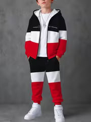 Boys' Hooded Zip-up Set, Color-block Long-sleeve Top and Jogger Pants, 2pcs Fashion Casual Daily Wear Children's — view 1