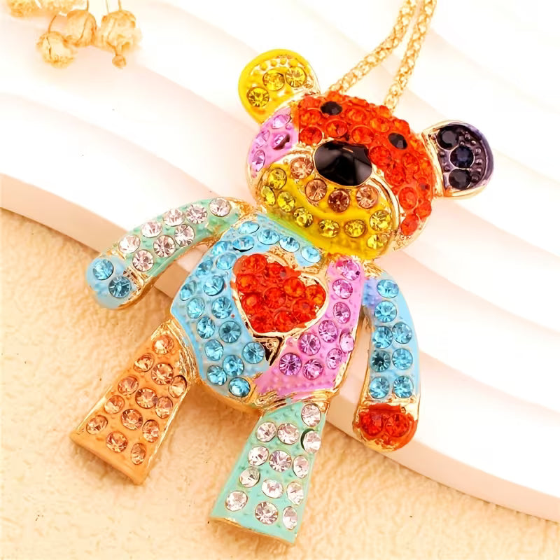 Cute Cartoon Colorful Heart Bear Alloy Necklace Inlaid with Glass, Suitable for Daily Gifting, Weddings — view 11